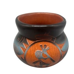 Mitchell Blackhorse Vtg Signed Etched Jardiniere Vase 3.0"‎